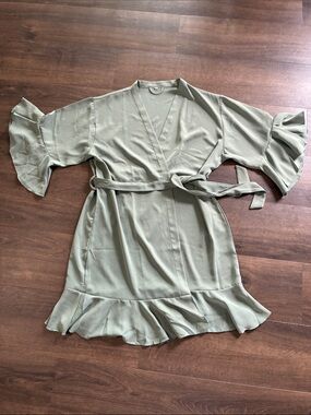 Sage Green Ruffle-Hem Wrap Robe with Tie Belt